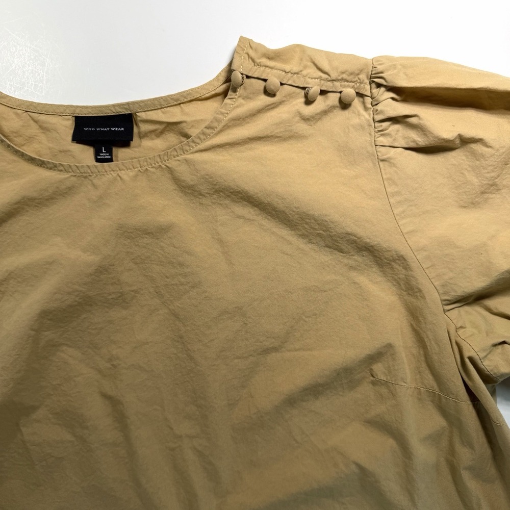 Who What Wear Women's Puff Sleeve Khaki Top Button Detail Short Sleeve Large - Picture 4 of 9